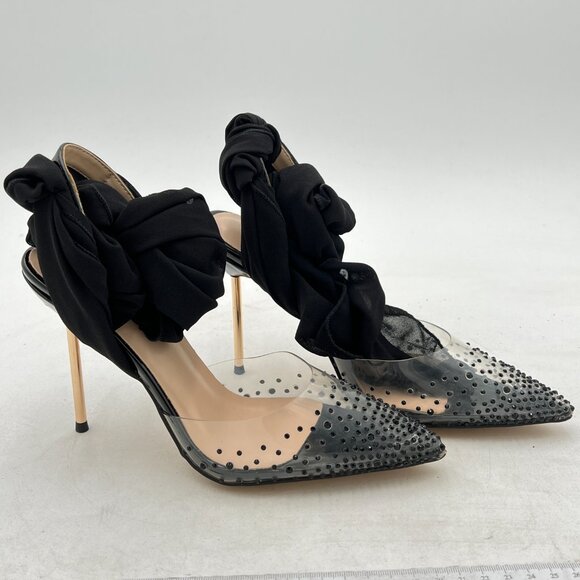 FSJ Black High Heel Ankle Strap Pointed Toe Rivets Pumps PVC Club Dress Sandals - Picture 4 of 8